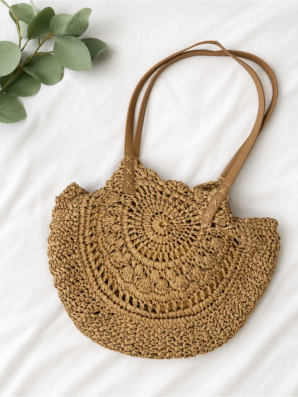 Raffia Tan Tote Bag with Vegan Leather Straps